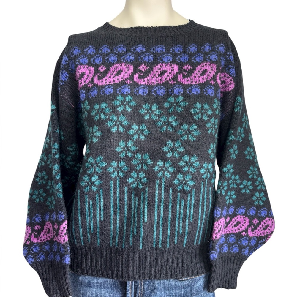 vintage Halston III floral abstract colorful grunge mock neck sweater. 100% WOOL